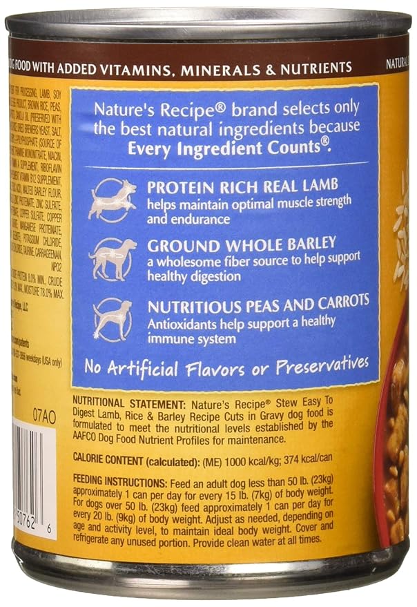 Nature's Recipe Easy to Digest Wet Dog Food, Lamb, Rice & Barley Cuts in Gravy Recipe, 13.2 Ounce Can