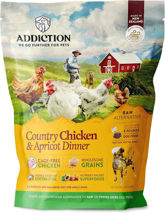 Addiction Country Chicken & Apricot Raw Alternative Dog Food - Gently Air-Dried Complete Meal or Dog Food Topper for Digestive and Skin and Coat Health, 2 lb