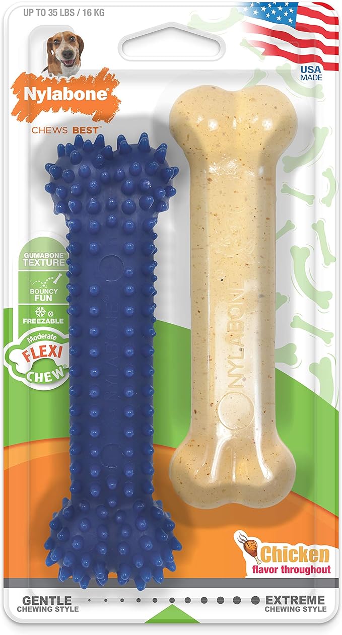 Nylabone Dental Chew and Flexi Bone Combo Pack Dog Chew Toys Chicken Flavor Medium/Wolf - Up to 35 lbs.