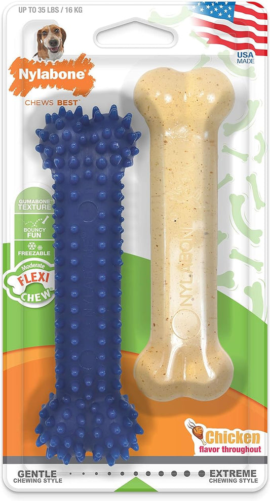 Nylabone Dental Chew and Flexi Bone Combo Pack Dog Chew Toys Chicken Flavor Medium/Wolf - Up to 35 lbs.