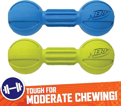 Nerf Dog Chewable Barbell Dog Toy, Lightweight, Durable and Water Resistant, 7.5 Inches, for Medium/Large Breeds, Two Pack, Blue and Green (8953)