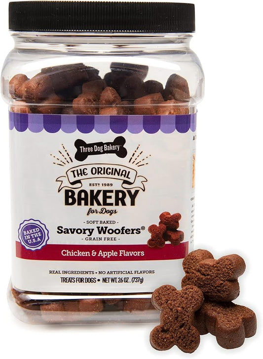 Three Dog Bakery Soft Baked Grain Free Meaty Woofers, Chicken and Apple Flavor, Premium Treats for Dogs, Brown, 1.62 Pound (Pack of 1)