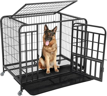 42 inch Large Dog Crate, Heavy Duty Metal Dog Kennel Indoor for Large Breed, Double Door Big Dog Cage, Dog Crate Tray Replacement, Lockable Wheels