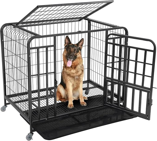 42 inch Large Dog Crate, Heavy Duty Metal Dog Kennel Indoor for Large Breed, Double Door Big Dog Cage, Dog Crate Tray Replacement, Lockable Wheels