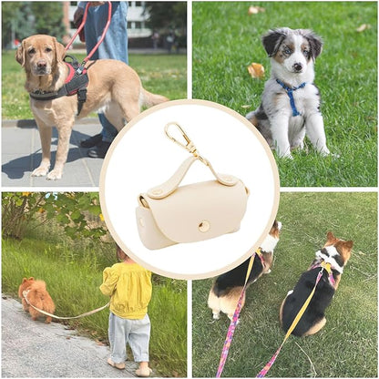 Leather Poop Bag Holder Dispenser for Leash, Portable and Reusable Dog Poop Bag Dispenser, Dog Bag Holder for Walking, Outdoor, Travelling (Beige)