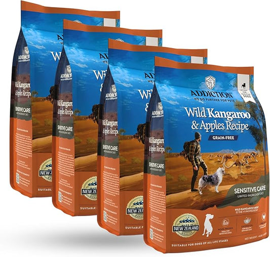 Addiction Wild Kangaroo & Apples - Dry Dog Food - Limited Ingredient Novel Protein - Muscle and Weight Management - Grain-Free - Ideal for Dogs with Food Allergies 4lb - 4 Packs