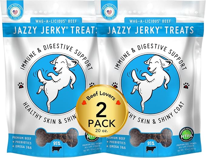 Wag-A-Licious Beef Jazzy JerkyTreats for Dogs 2-PACK, 95% Protein, Prebiotics for Gut & Immune Health, Omega 3s & 6s for Skin & Coat Health, Made in USA, All Life Stages, (Two 10 oz bags)