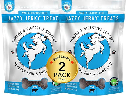 Wag-A-Licious Beef Jazzy JerkyTreats for Dogs 2-PACK, 95% Protein, Prebiotics for Gut & Immune Health, Omega 3s & 6s for Skin & Coat Health, Made in USA, All Life Stages, (Two 10 oz bags)