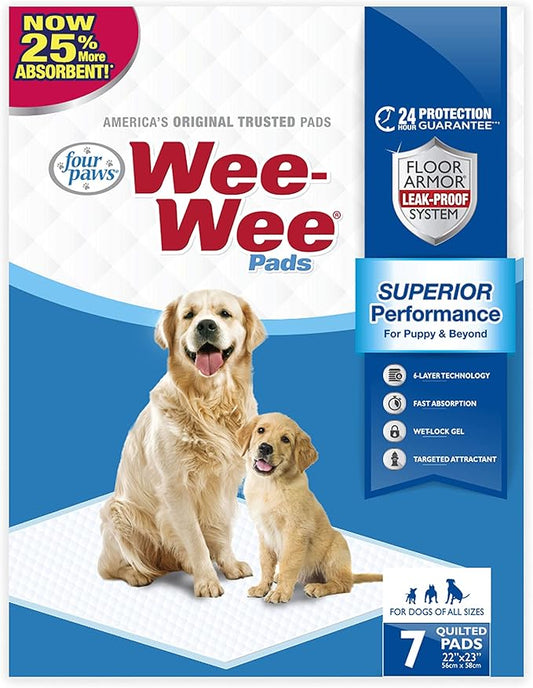 Four Paws Wee-Wee Superior Performance Pee Pads for Dogs of All Sizes, Leak-Proof Floor Protection Dog & Puppy Quilted Potty Training Pads, Unscented, 22" x 23" (7 Count)