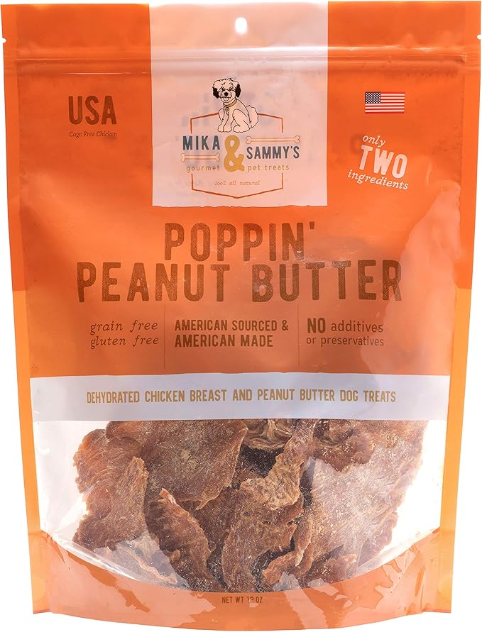 Gourmet Jerky Dog Treats - Natural Dog Treat Chicken Jerky for Dogs, Nutritious and Tasty Dog Jerky Treats Made in USA only, Cage-Free, No Additives (Mika & Sammy's Poppin' Peanut Butter 12 oz)