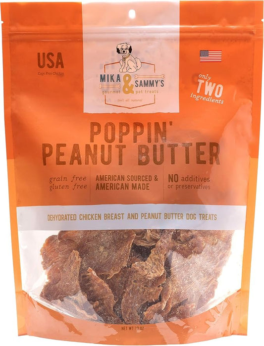 Gourmet Jerky Dog Treats - Natural Dog Treat Chicken Jerky for Dogs, Nutritious and Tasty Dog Jerky Treats Made in USA only, Cage-Free, No Additives (Mika & Sammy's Poppin' Peanut Butter 12 oz)