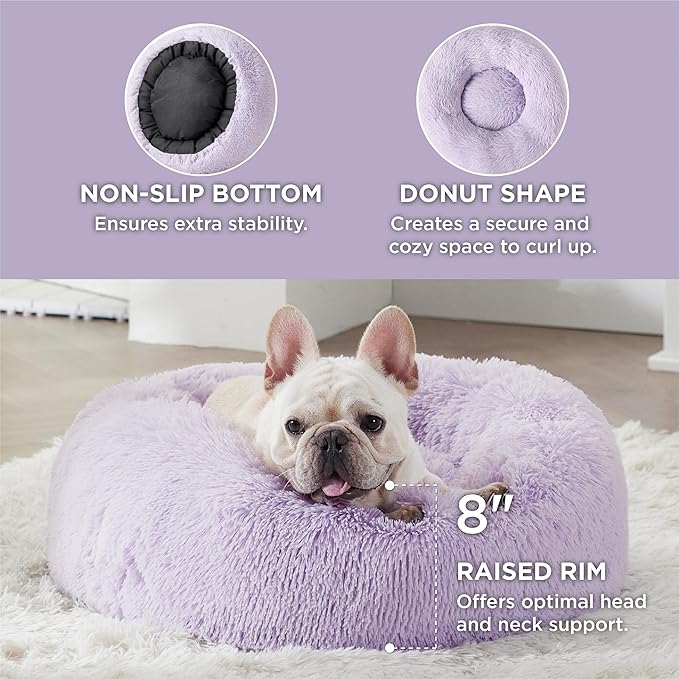 Bedsure Calming Dog Bed for Small Dogs - Donut Washable Small Pet Bed, 23 inches Anti-Slip Round Fluffy Plush Faux Fur Large Cat Bed, Fits up to 25 lbs Pets, Purple