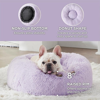 Bedsure Calming Dog Bed for Small Dogs - Donut Washable Small Pet Bed, 23 inches Anti-Slip Round Fluffy Plush Faux Fur Large Cat Bed, Fits up to 25 lbs Pets, Purple