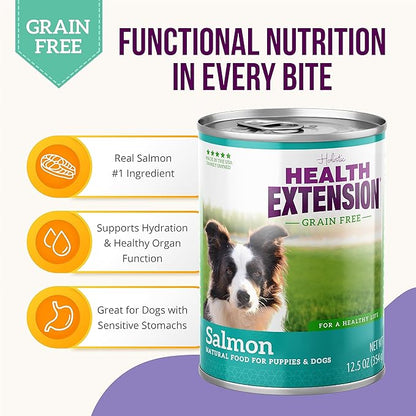 Health Extension Wet Dog Food, Gluten and Grain-Free, Healthy Natural Food Canned for Puppies, Salmon Recipe (12.5 Oz / 362 g) (Pack of 12)