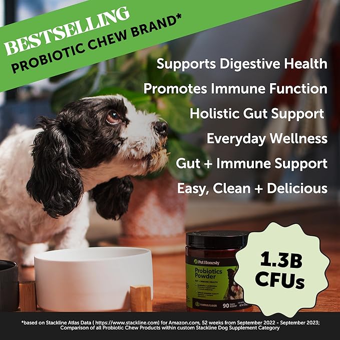 Pet Honesty All-Natural Probiotic & Pumpkin Powder Dog Supplement - Prebiotics, Probiotics, Enzymes & Antioxidants for Healthy Gut Flora, Anti Diarrhea, Digestion & Immunity (90 scoops)