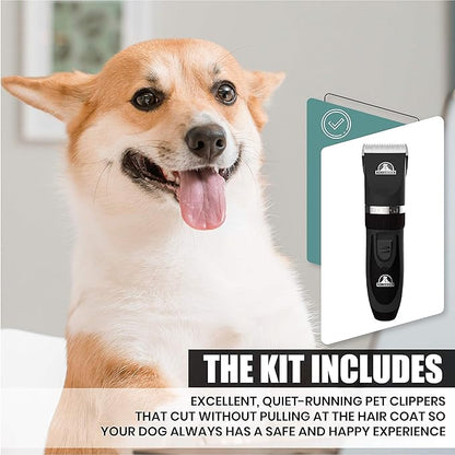 Professional Dog Grooming Kit - Cordless Low Noise Dog Clippers for Grooming Thick Coats - All Pet Safe Cat Hair Trimmer - Pet Grooming Kit Includes Dog Hair Clippers, Nail Trimmer & Shears
