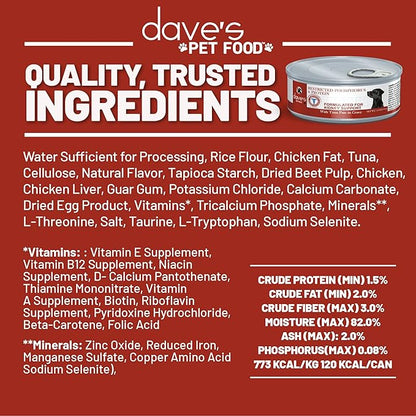 Dave's Pet Food Kidney Support for Dogs with Renal Support (Tuna Pate), Wet Renal Dog Food, Non-Prescription Low Phosphorus, Added Vitamins & Minerals, Vet Formulated (5.5 oz, Pack of 24)