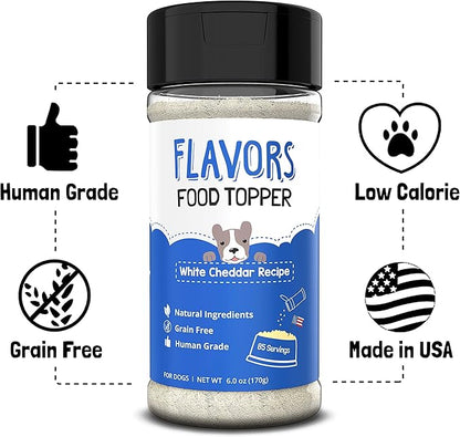 Flavors Food Topper for Dogs, Delicious Seasoning for Dog Food, Natural, Grain-Free Kibble Seasoning and Treat Mix for Picky Dogs and Puppies, White Cheddar Recipe, 3.1-Ounce