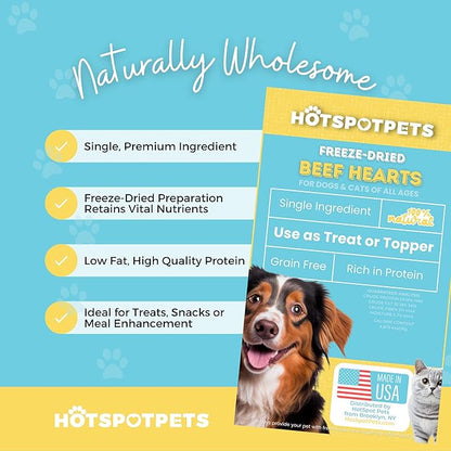 hotspot pets Freeze Dried Beef Heart Treats for Cats & Dogs - Single Ingredient All Natural Grain-Free Beef Heart - Perfect for Training, Topper or Snack - Made in USA - 1LB Bag