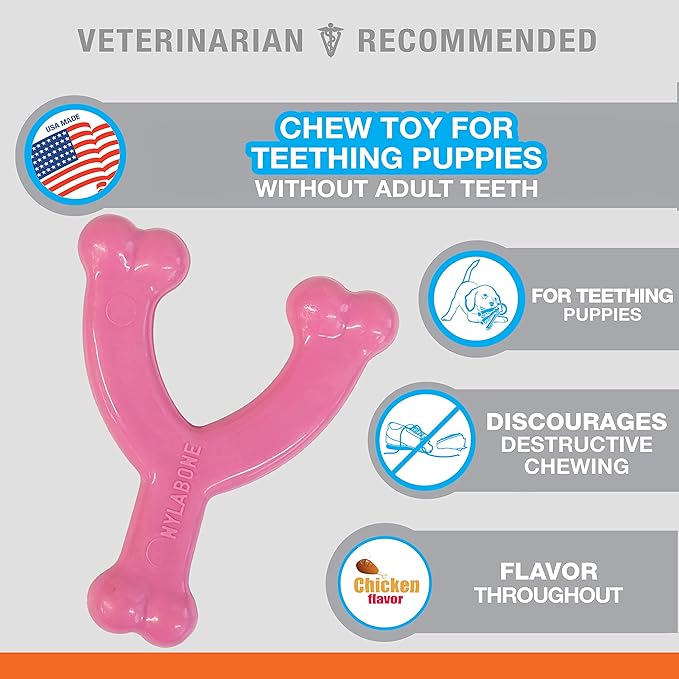 Nylabone Puppy Wishbone Chew Toy - Puppy Chew Toy for Teething - Puppy Supplies - Pink, Chicken Flavor, X-Small/Petite (1 Count)