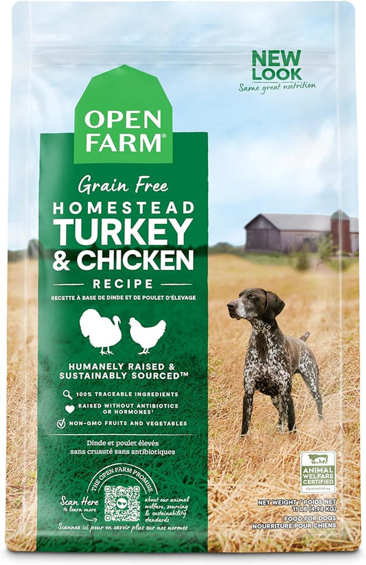 Open Farm Homestead Turkey and Chicken Grain-Free Dry Dog Food, 100% Certified Humane Poultry Recipe with Non-GMO Superfoods and No Artificial Flavors or Preservatives, 11 lbs