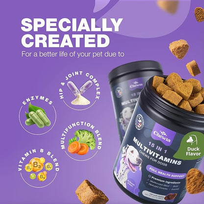Dog Multivitamin Chews 15 in 1 - Dog Vitamins - US Formulated Joint Supplements for Dogs - Dog Multi Vitamins with Glucosamine & Chondroitin - Dog Treats for Hip & Joint, Itchy Skin & Coat