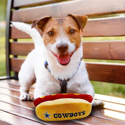 Pets First NFL Dallas Cowboys HOT Dog Plush Dog & CAT Squeak Toy - Cutest HOT-Dog Snack Plush Toy for Dogs & Cats with Inner Squeaker & Beautiful Football Team Name/Logo, 8 x 5 x 3 Inches