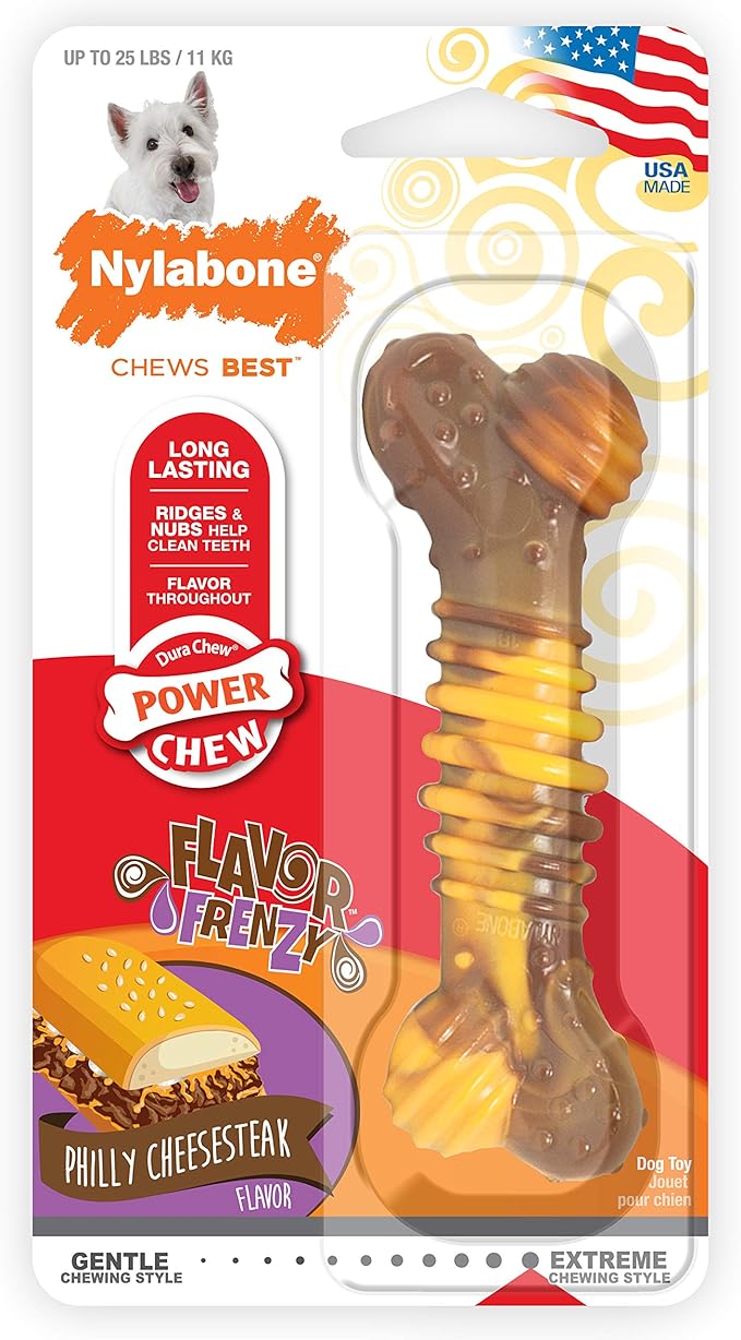 Nylabone Power Chew Flavor Frenzy Dental Bone Chew Toy for Dogs, Indestructible Chew Toys for Aggressive Chewers, Philly Cheesesteak Flavor, Small/Regular - Up to 25 Ibs. (1 Count)