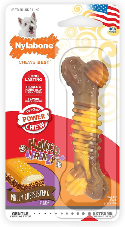 Nylabone Power Chew Flavor Frenzy Dental Bone Chew Toy for Dogs, Indestructible Chew Toys for Aggressive Chewers, Philly Cheesesteak Flavor, Small/Regular - Up to 25 Ibs. (1 Count)