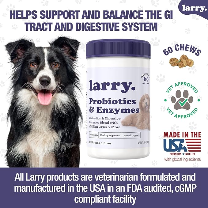 Dog Probiotics and Digestive Enzymes by Larry | 1 Billion CFUs of Probiotics for Dogs | Digestion, Bowel Support, & Gut Health for Dogs | Probiotic Chew for Dogs All Breeds & Sizes, (60 Soft Chews)