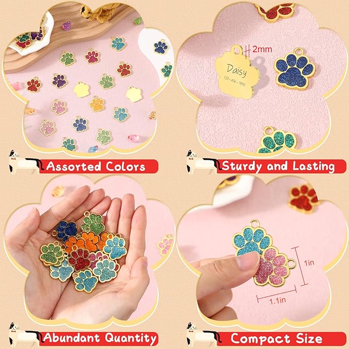 Abbylike 60 Pcs Personalized Dog Tags Blank Pet ID Tags Custom Glitter Paw Pet Tag Cute Metal Cat Name Tag Small DIY Engraved Puppy Name Tag for Dogs Pets(Gold)