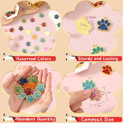 Abbylike 60 Pcs Personalized Dog Tags Blank Pet ID Tags Custom Glitter Paw Pet Tag Cute Metal Cat Name Tag Small DIY Engraved Puppy Name Tag for Dogs Pets(Gold)