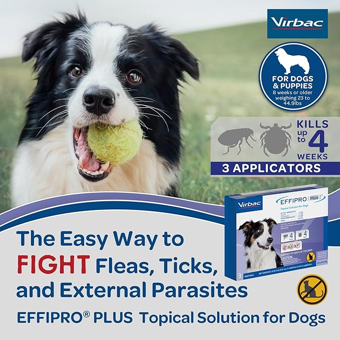 Effipro Plus Topical Solution for Dogs - for Dog Flea and Tick for Medium Dogs (23-44.9lbs), 3 Doses, Waterproof Topical Prevention (by Virbac)