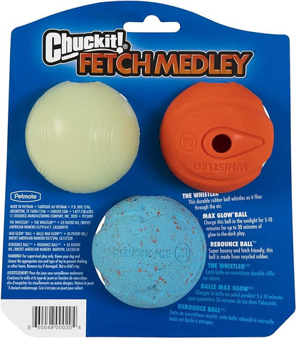 Chuckit Fetch Medley Dog Ball Dog Toys, Medium (2.5 Inch) Pack of 3, for Medium Breeds, Includes Whistler, Max Glow and Rebounce Balls