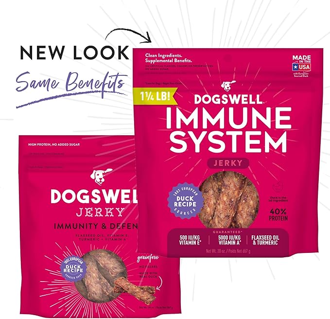 Dogswell Immunity & Defense, Flaxseed Oil, Turmeric, Vitamin E & A, Healthy Aging, Duck Jerky 20 oz, Model: 842222