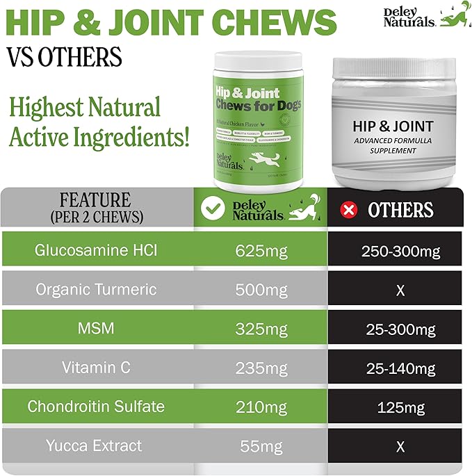 Hip and Joint Support Supplement for Dogs - Advanced Arthritis Pain Relief - Chondroitin, MSM, Organic Turmeric, & Glucosamine for Dogs - Made in USA - 120 Grain Free Soft Chews, Deley Naturals
