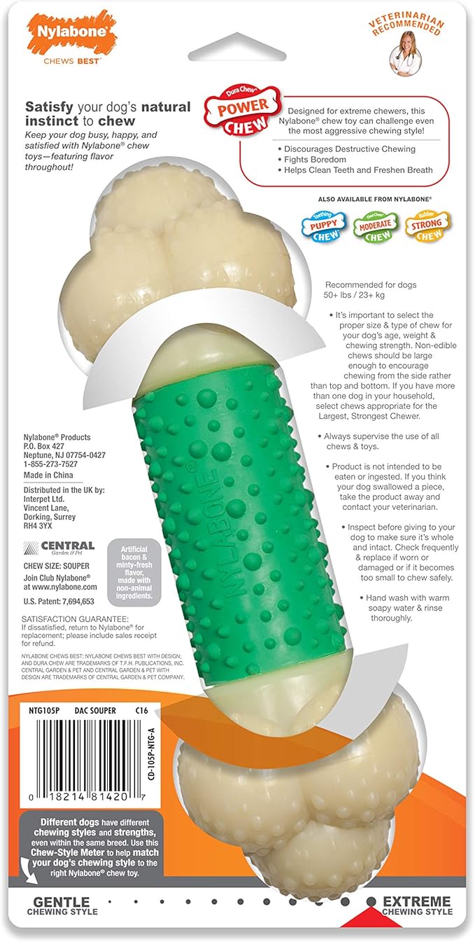 Nylabone Power Chew Double Action Barbell Bone Chew Toy, Durable Dog Toy, Bacon Flavor, X-Large/Souper (1 Count)