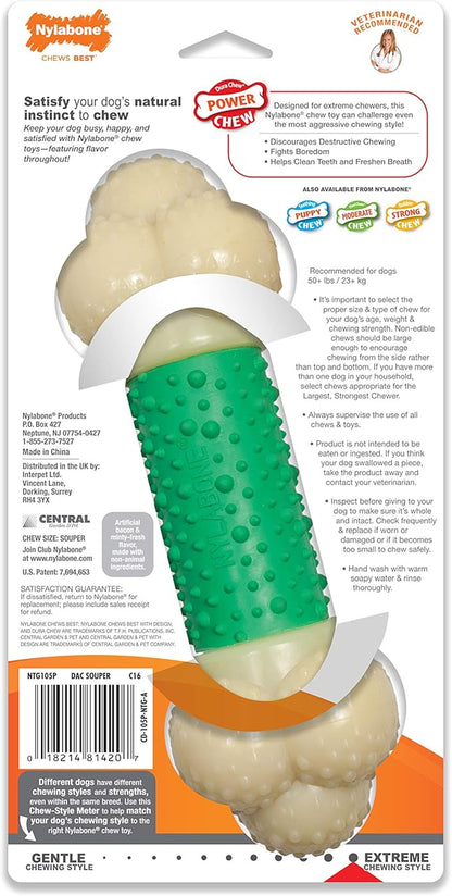 Nylabone Power Chew Double Action Barbell Bone Chew Toy, Durable Dog Toy, Bacon Flavor, X-Large/Souper (1 Count)