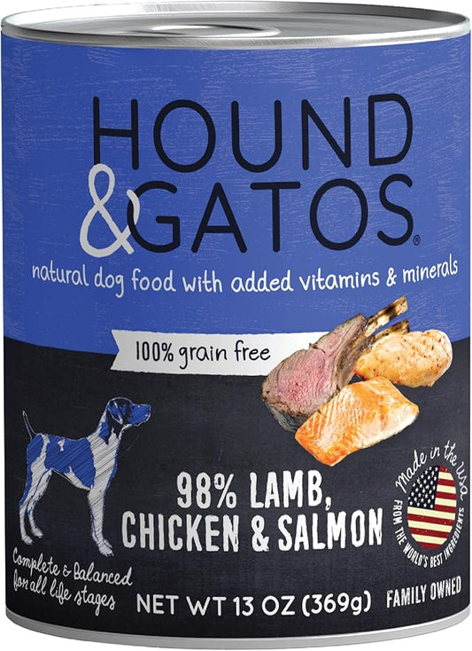 Hound & Gatos Wet Dog Food, 98% Lamb, Chicken & Salmon, case of 12, 13 oz cans