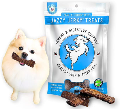 Jazzy Jerky Treats for Dogs, Wag-A-Licious Beef with Prebiotics for Gut & Immune Health, Omega 3s & 6s for Skin & Coat Health, Made in USA, Small-Large Dogs,10 oz