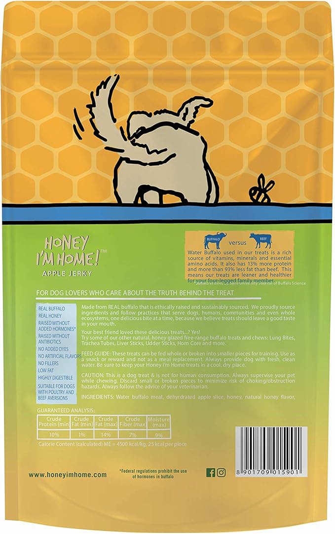 Honey I'm Home, Buffalo Wrapped Apple Jerky Dog Treats, 5.29 Ounces - All Natural, Free Range, Healthy, Grain Free, Honey Coated & Chewy