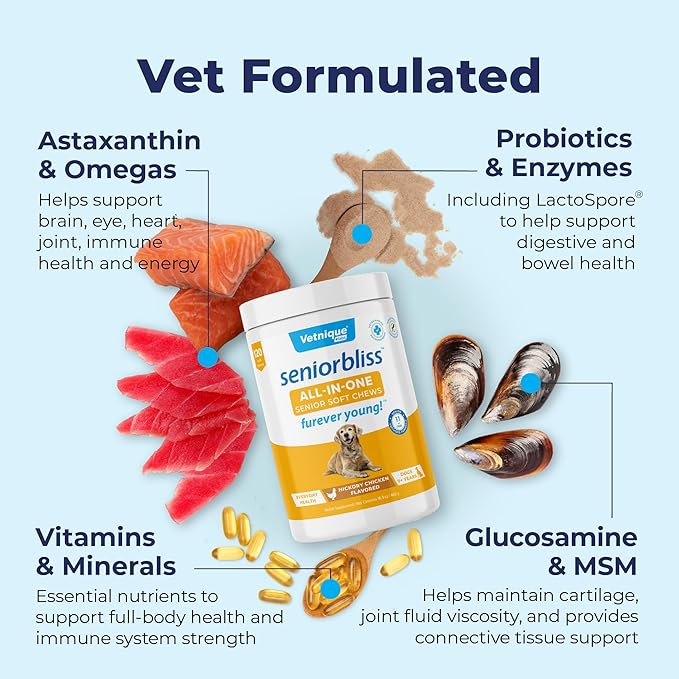 Vetnique Seniorbliss Senior Dog Multivitamin with Glucosamine, Omega 3 Fish Oil, and Probiotics - for Dog Joints, Digestive and Immune Support for Optimal Health (All-in-One Daily Vitamin, 120ct)