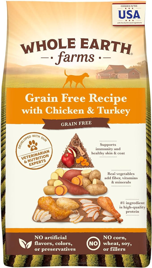 Whole Earth Farms Natural Grain Free Dry Kibble, Wholesome and Healthy Dog Food, Chicken and Turkey Recipe - 4 LB Bag