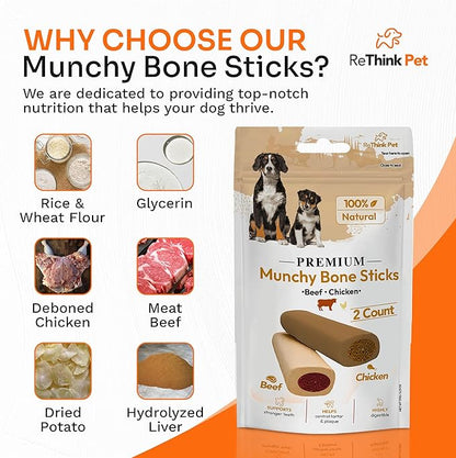 Premium Munchy Bone Sticks for Pets, Long Lasting Dog Chews for Aggressive Chewers, 2pc