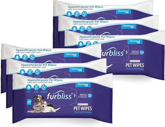 Vetnique Labs Furbliss Hygienic Pet Wipes for Dogs & Cats, Cleansing Grooming & Deodorizing Hypoallergenic Thick Wipes with All Natural Deoplex Deodorizer (Unscented, 600ct)