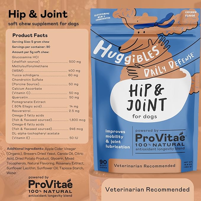Hip & Joint Support Chewable Supplement for Dogs – Daily Supplement for Mobility Support with Glucosamine, MSM, Chondroitin – Reduce Pain & Inflammation – Antioxidants for Longevity
