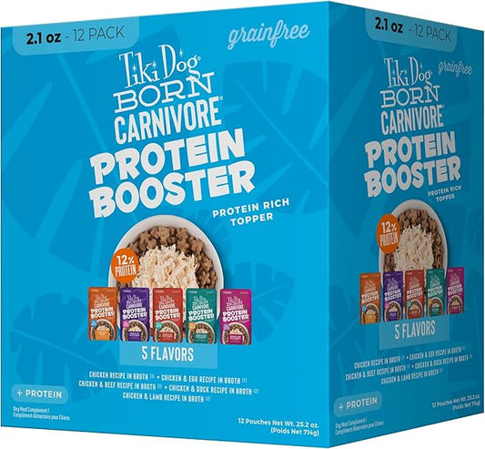 Tiki Dog Born Carnivore Protein Booster Dog Food Topper, Variety Pack, 2.1 oz. Pouch (12 Count)