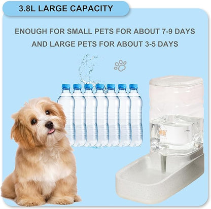 Automatic Pet Water Feeder, 3.8L Gravity Cat Water Dispenser with Cat Water Bowl, Large Capacity Water Feeder for Kitten & Small and Medium-Sized Dogs (White & Grey)