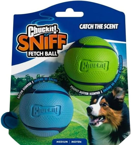 Chuckit! Sniff Ball Dog Toy, Durable High Bounce Bacon and Peanut Butter Scented Rubber Dog Ball Fetch Toy, Medium, 2 Pack