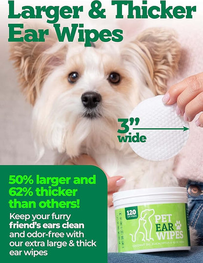 120ct Pet Ear Wipes for Dogs w/Itch Relief | Natural Coconut Oil, Eucalyptus & Aloe | Irritation Relief, Easy Otic Wax Cleaner Solution Pets